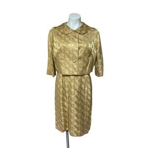 Vintage 1950s Women's Dress Set Gold Brocade Satin Roses 2 Piece Medium